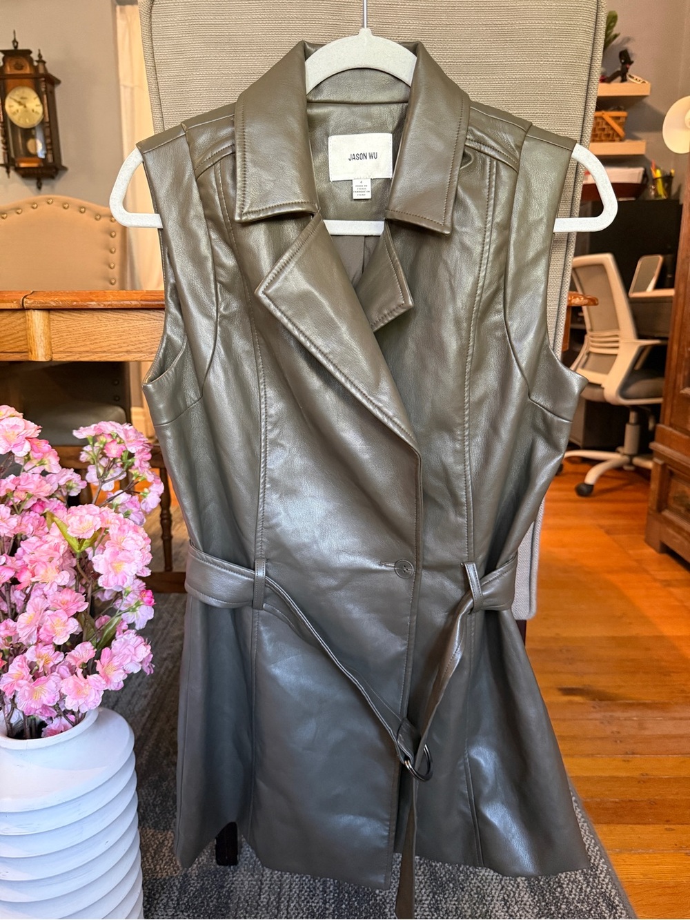 Jason Wu Olive Leather Sleeveless Trench Coat